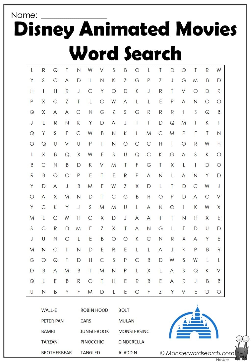 Disney Animated Movies Word Search Monster Word Search