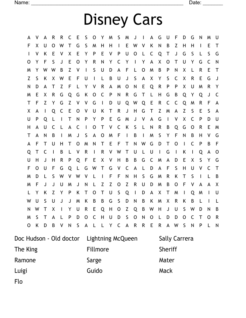 Disney Cars Word Search WordMint