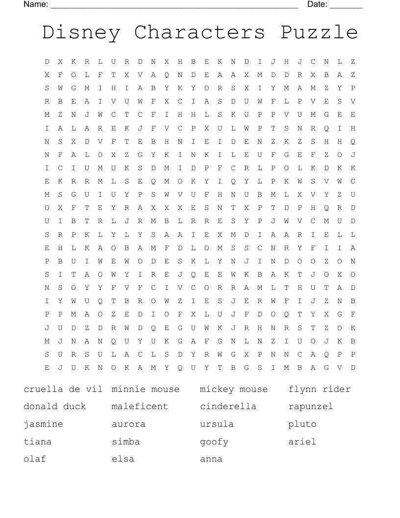 Disney Characters Puzzle Word Search WordMint