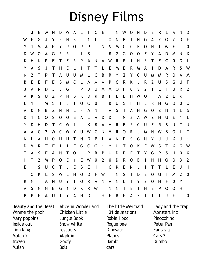 Disney Films Word Search WordMint
