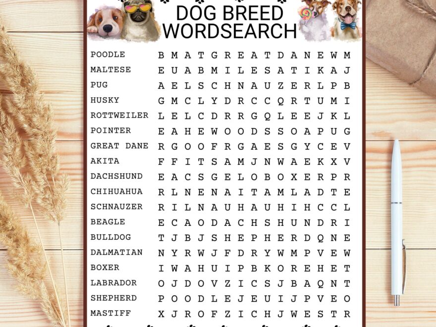 Dog Breed Wordsearch Printable With Answers Fun Game Dog Game Wordsearch Activity Etsy