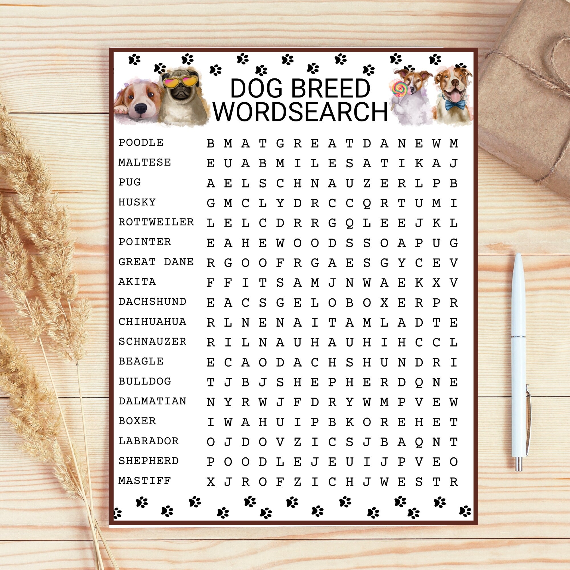 Dog Breed Wordsearch Printable With Answers Fun Game Dog Game Wordsearch Activity Etsy
