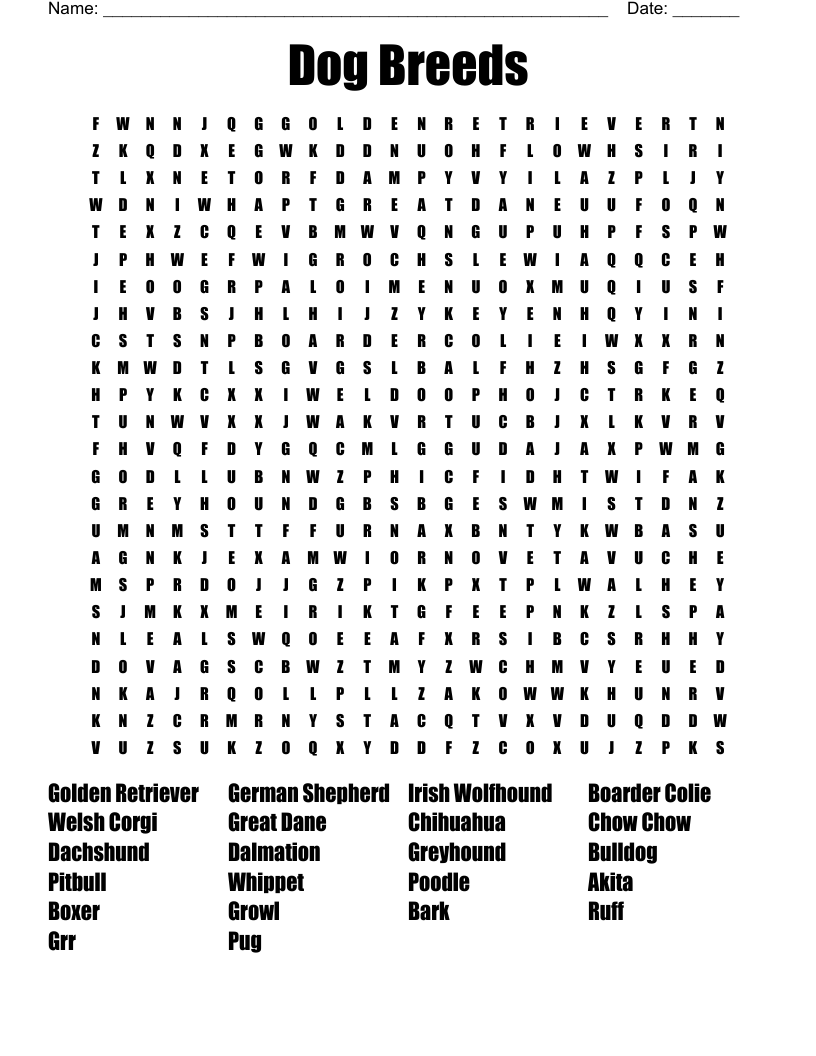 Dog Breeds Word Search WordMint