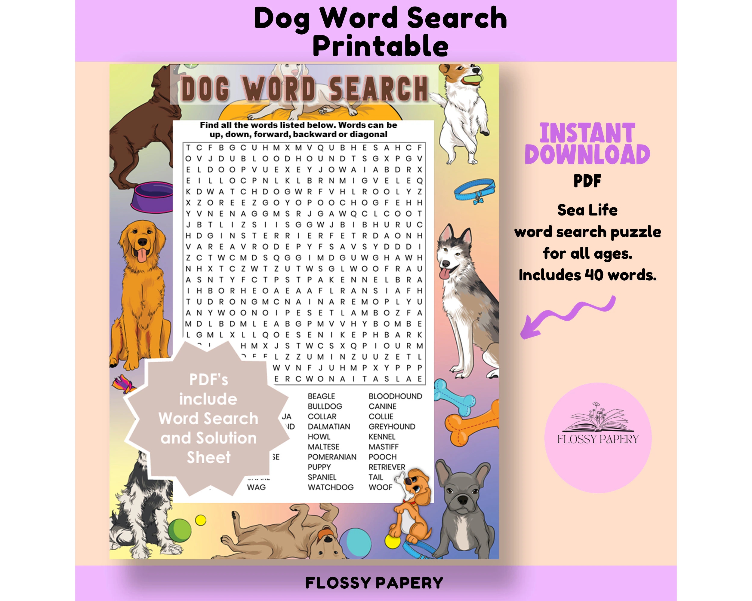 dog word search printable pdf large word search puzzle etsy