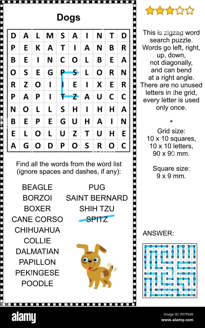 Dogs Themed Zigzag Word Search Puzzle suitable Both For Kids And Adults Answer Included Stock Vector Image Art Alamy
