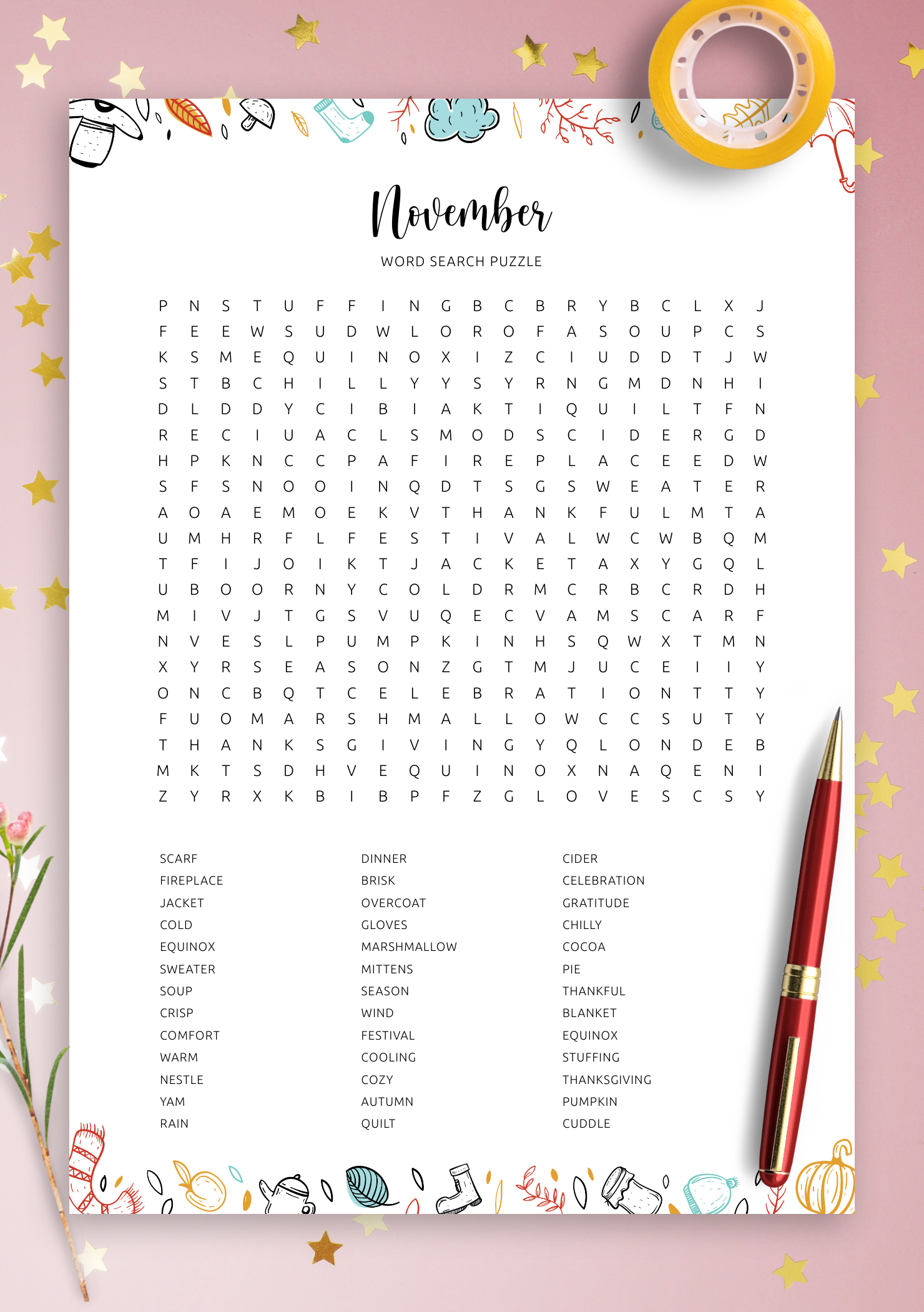 Download Printable November Word Search In PDF