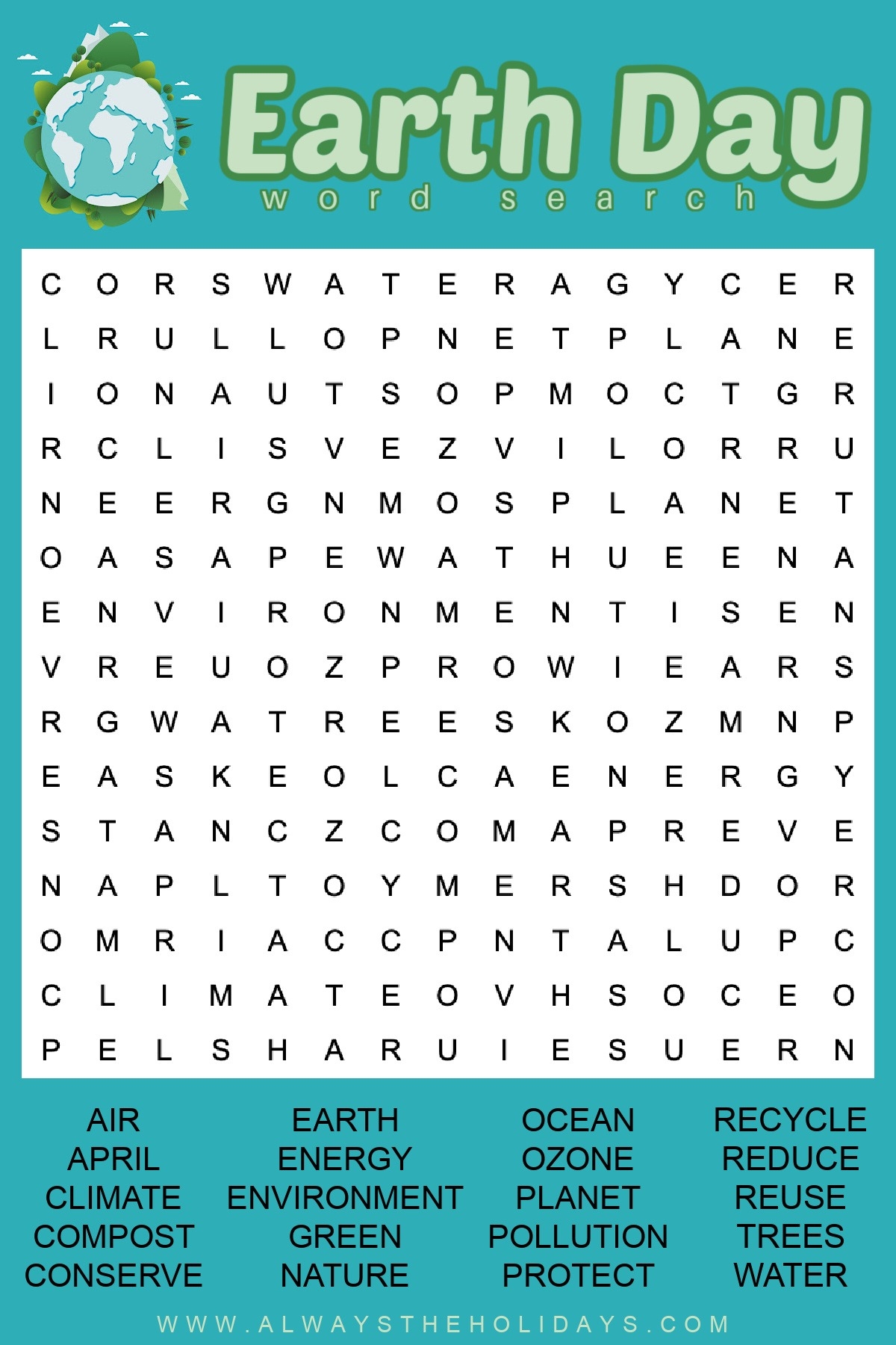 Earth Day Word Find Printable Word Search Answers Included