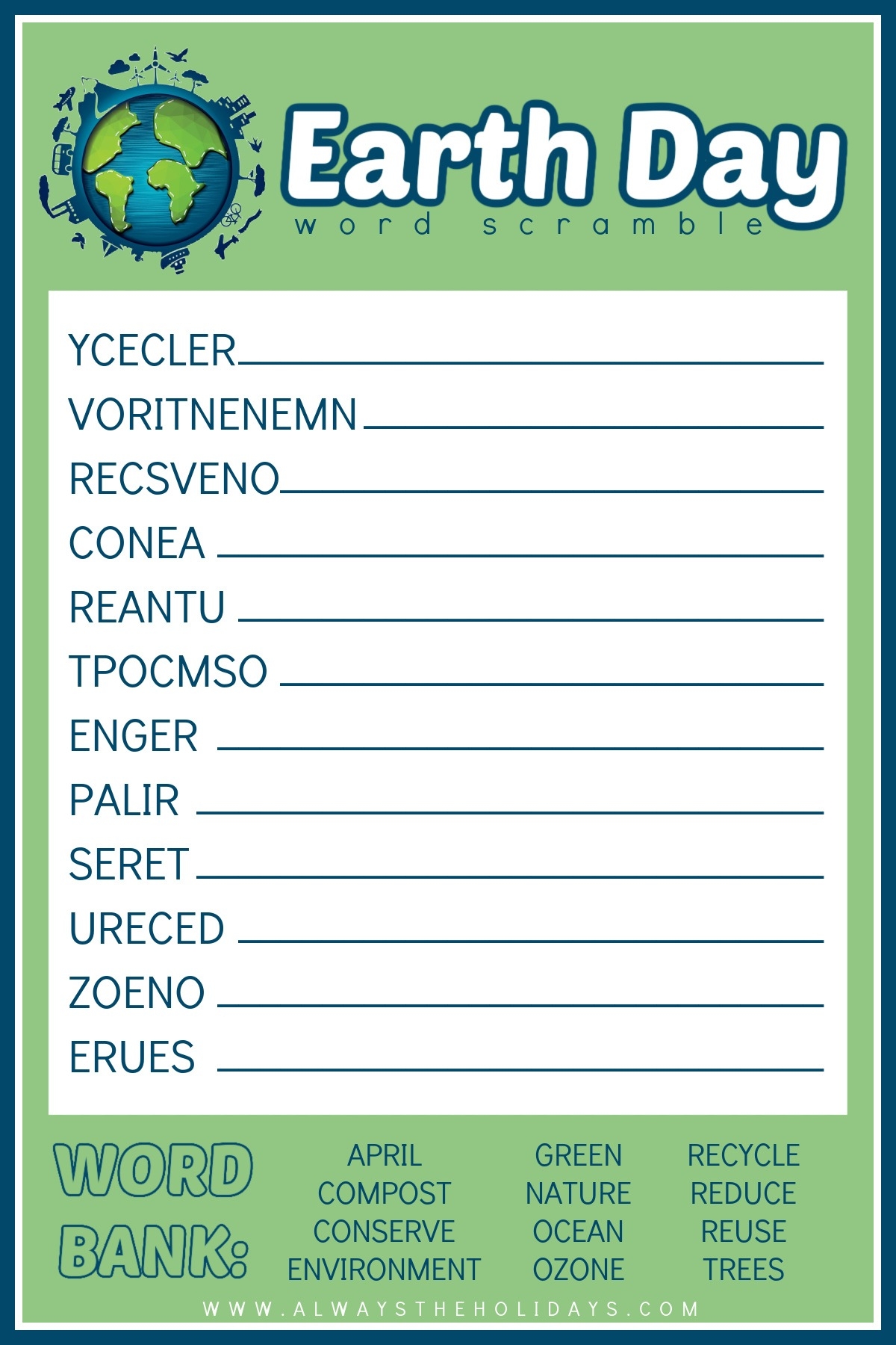Earth Day Word Scramble With Answers Free Earth Day Printable