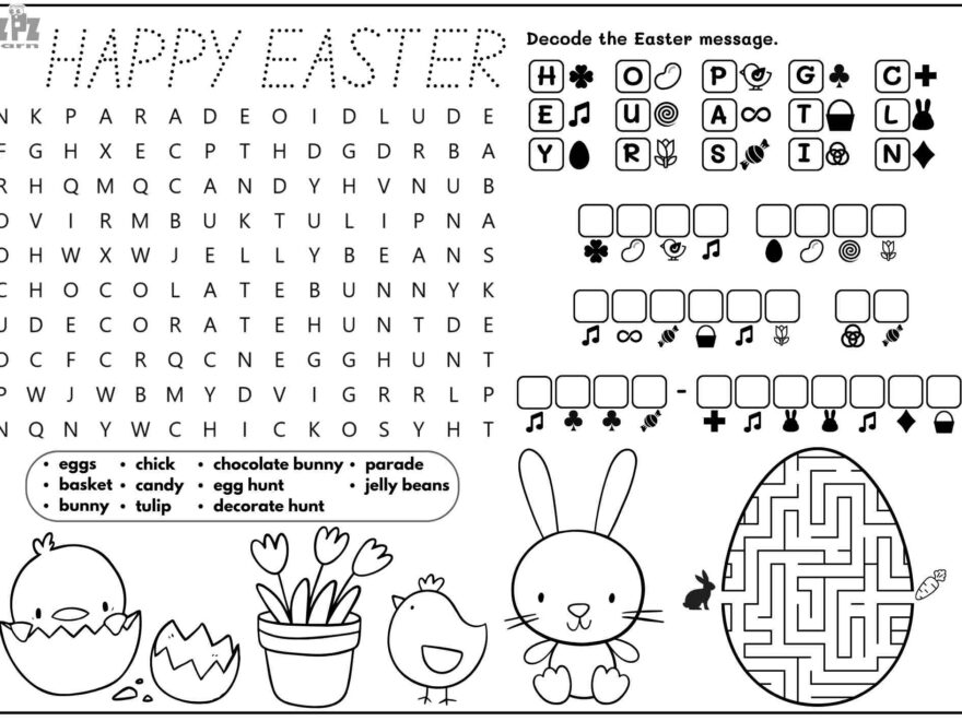 Easter Holiday Vocabulary For Kids Includes Word Search Coloring Cryptogram And Maze Activities Free Printable PDF File Ezpzlearn