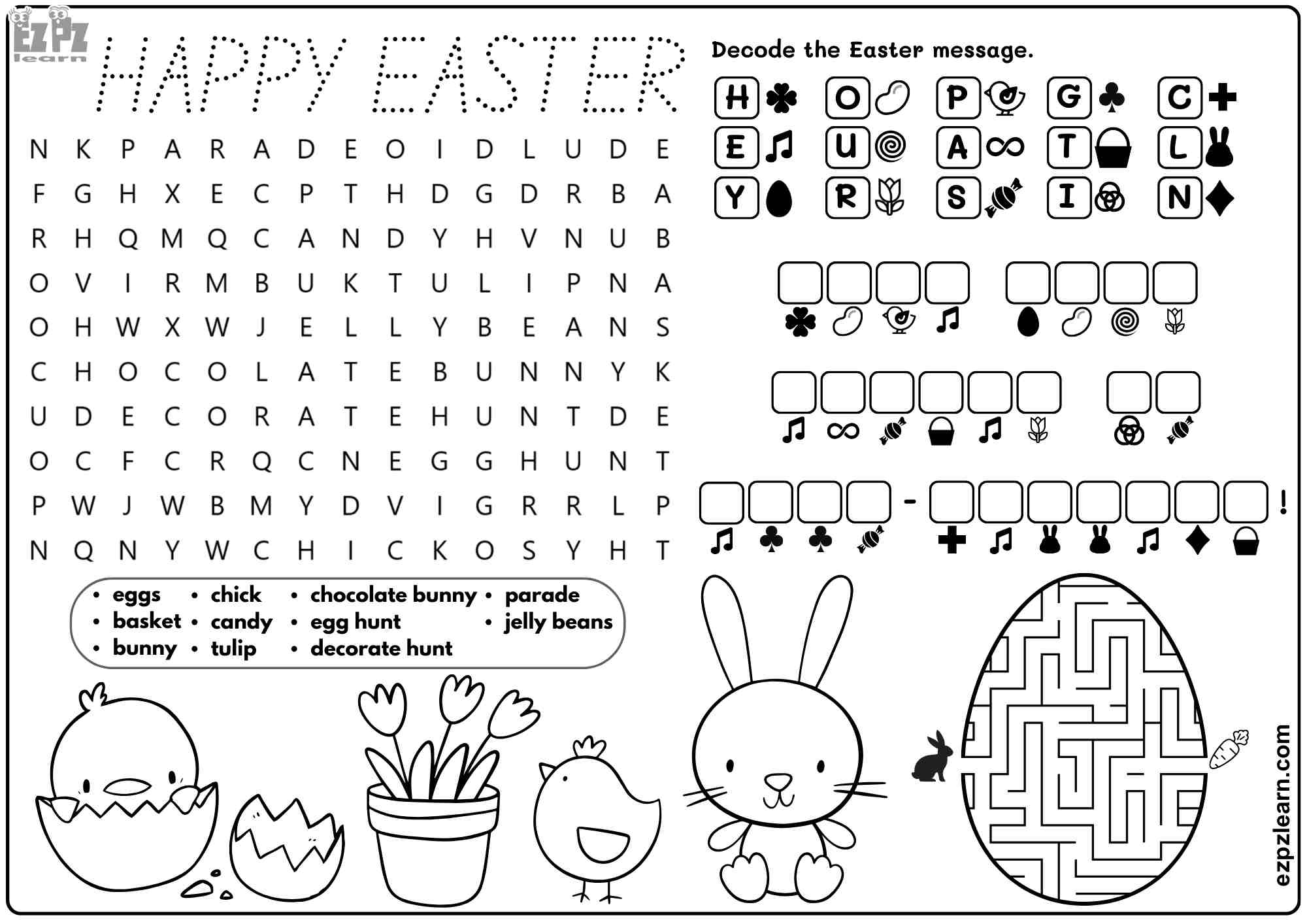 Easter Holiday Vocabulary For Kids Includes Word Search Coloring Cryptogram And Maze Activities Free Printable PDF File Ezpzlearn