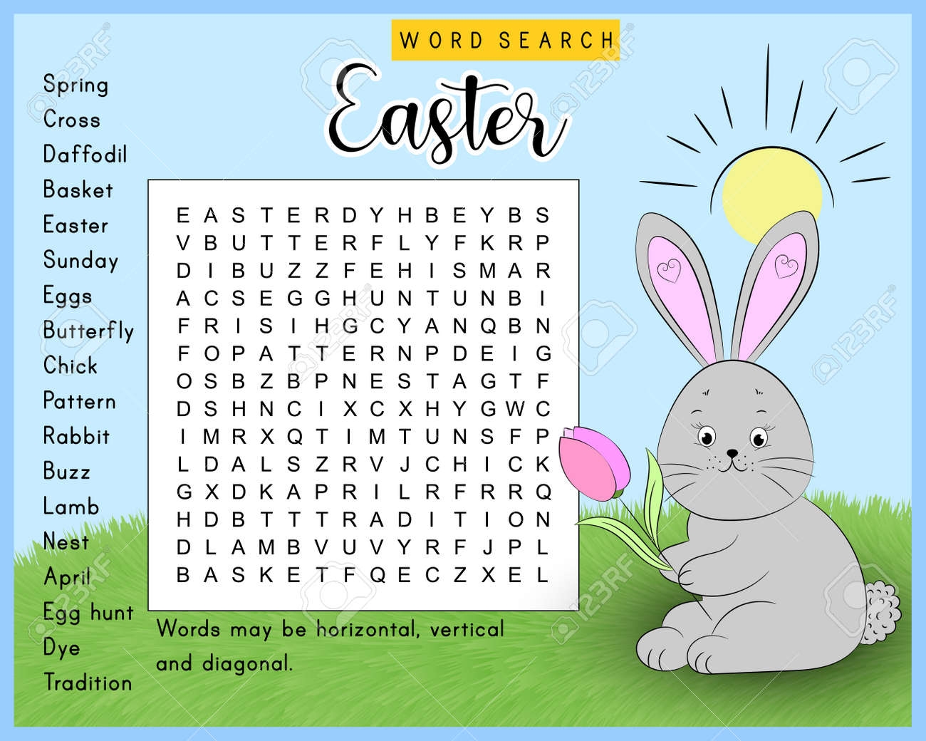 easter word search puzzle with cute bunny educational page for learning english find hidden words crossword for kids brain training game for memory stock photo picture and royalty free image image 164503671