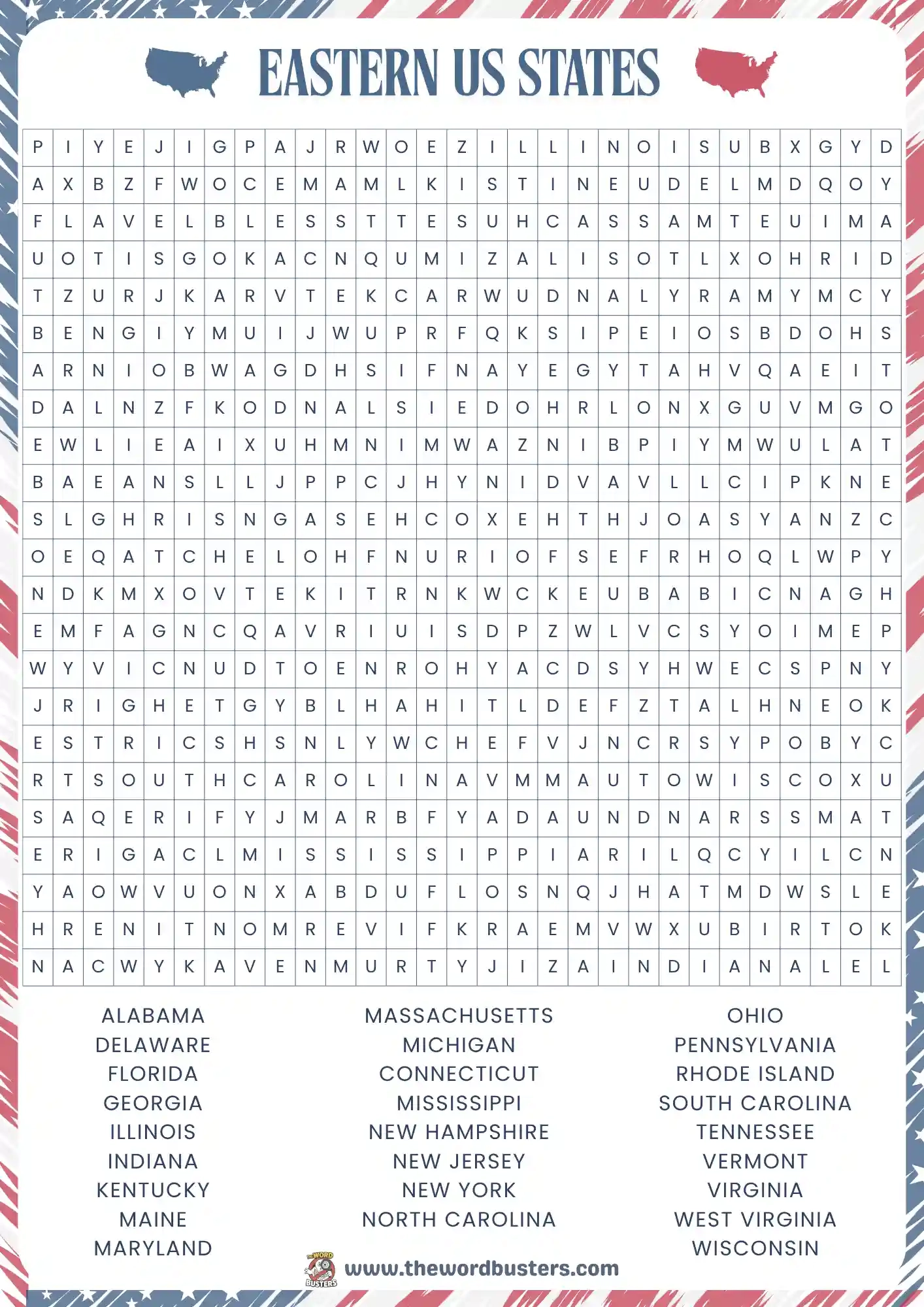  Eastern US States Word Search Printable Free
