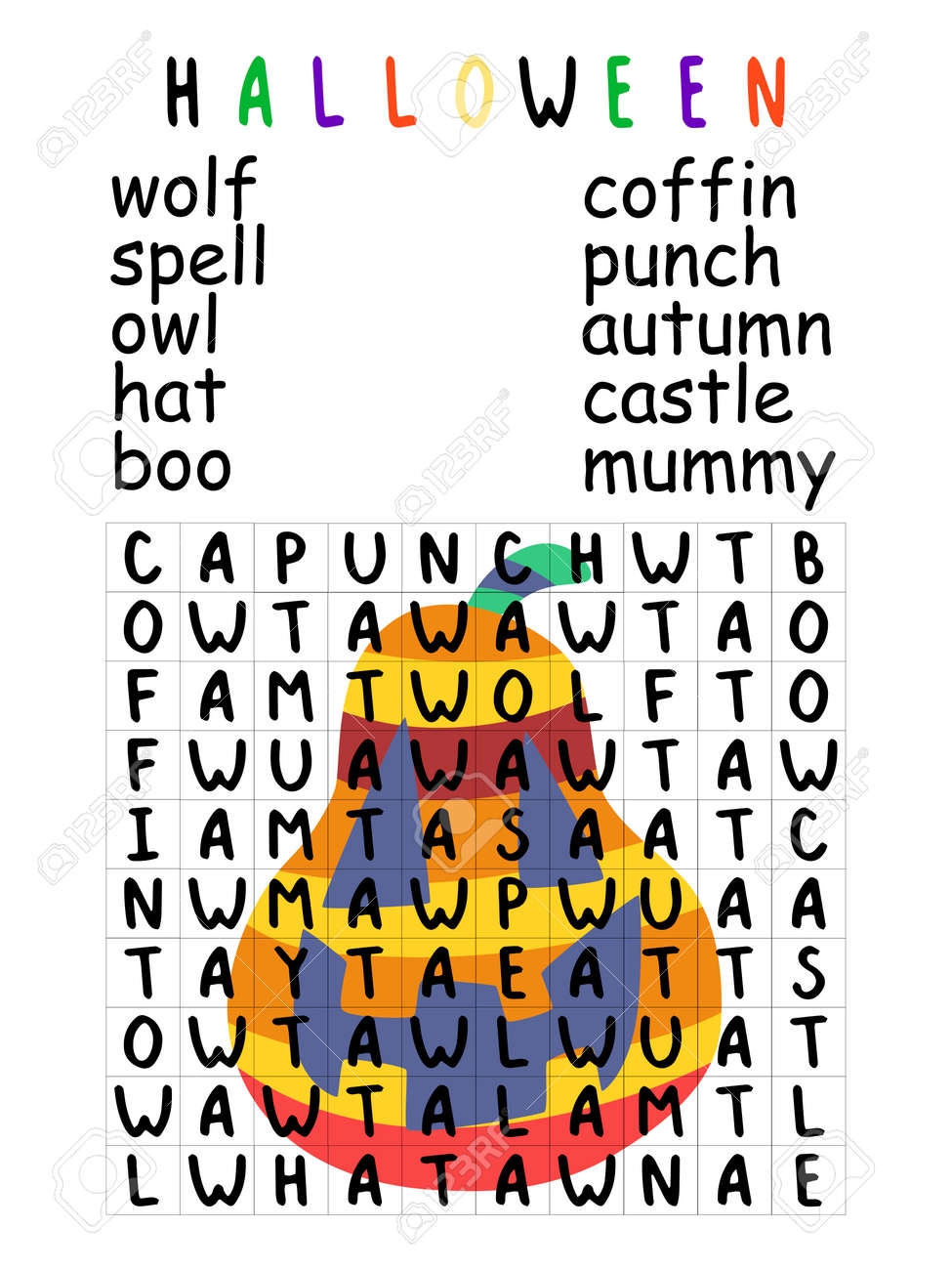 Easy Halloween Word Search Puzzle For Kids Stock Vector Illustration Educational English Word Game For Elementary And Middle School Students Funny Word Search Printable Vertical Children Worksheet Royalty Free SVG Cliparts Vectors 