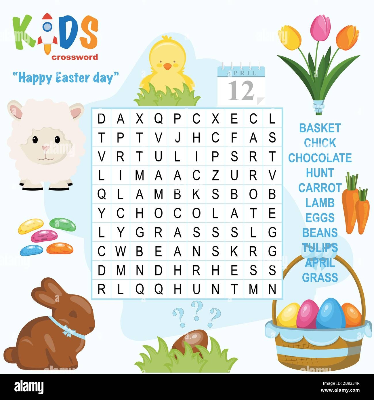 easy word search crossword puzzle happy easter day for children in elementary and middle school fun way to practice language comprehension and exp stock vector image art alamy