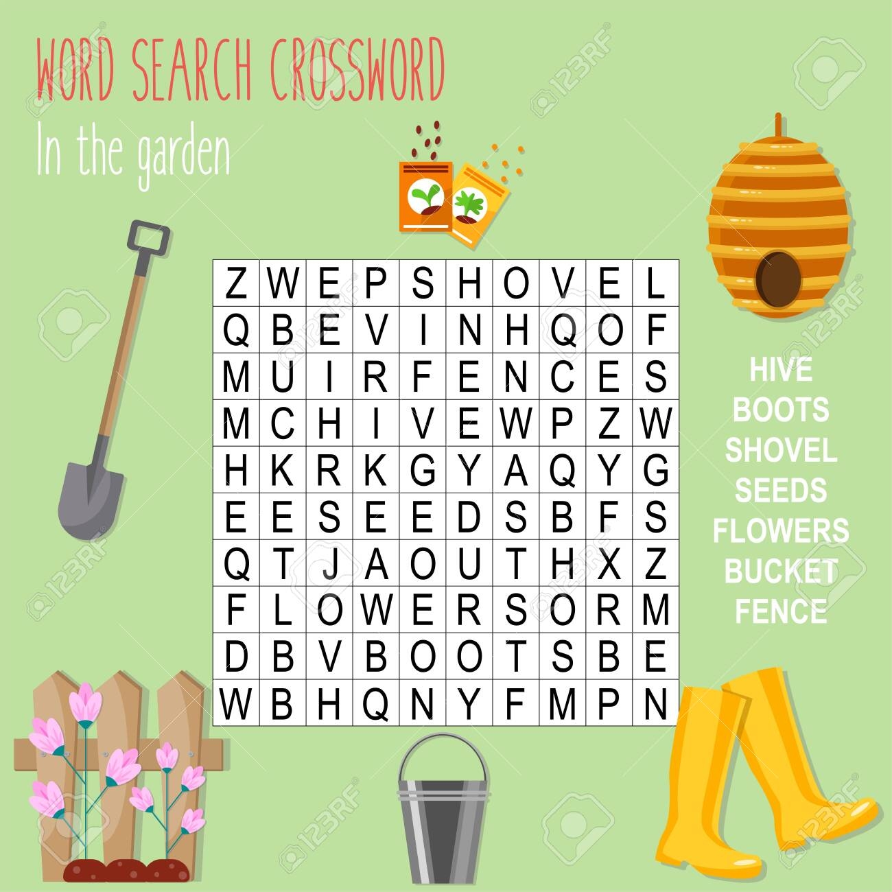 Easy Word Search Crossword Puzzle In The Garden For Children In Elementary And Middle School Fun Way To Practice Language Comprehension And Expand Vocabulary Includes Answers Vector Illustration Royalty Free SVG Cliparts 