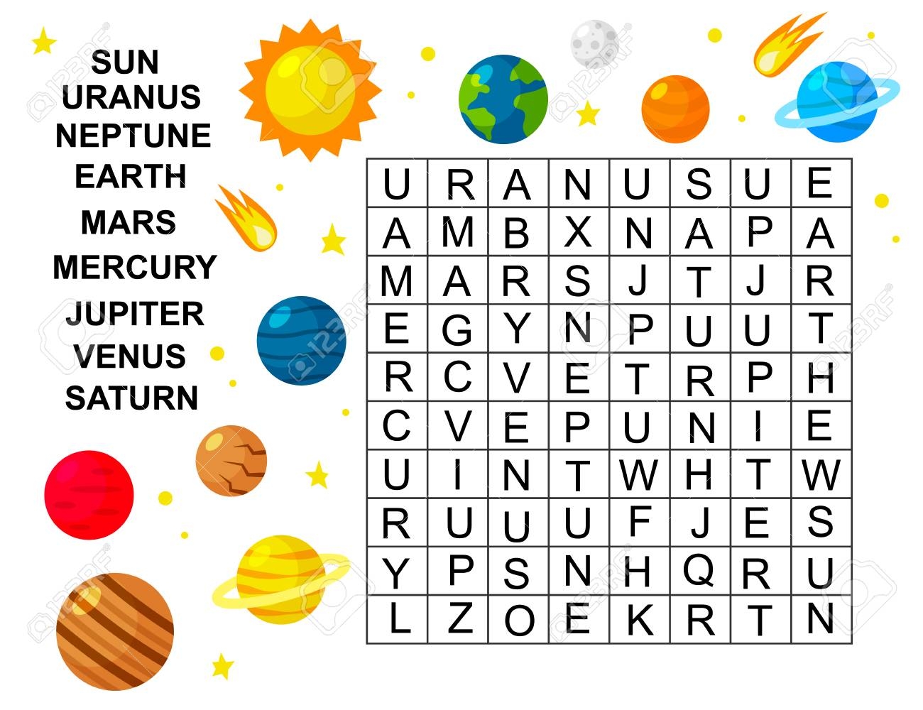 Educational Game For Kids Word Search Game Space Theme Solar System Learning Planets Vector Illustration Royalty Free SVG Cliparts Vectors And Stock Illustration Image 124817902 