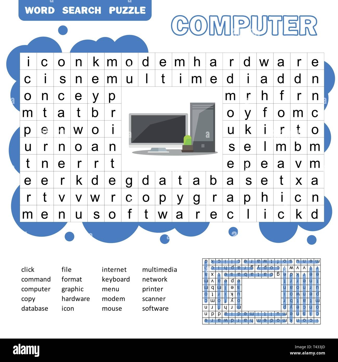 Educational Game For Kids Word Search Puzzle With Computer Items Kids Activity SheetWord Search Puzzle For Kids Answer Included Stock Vector Image Art Alamy