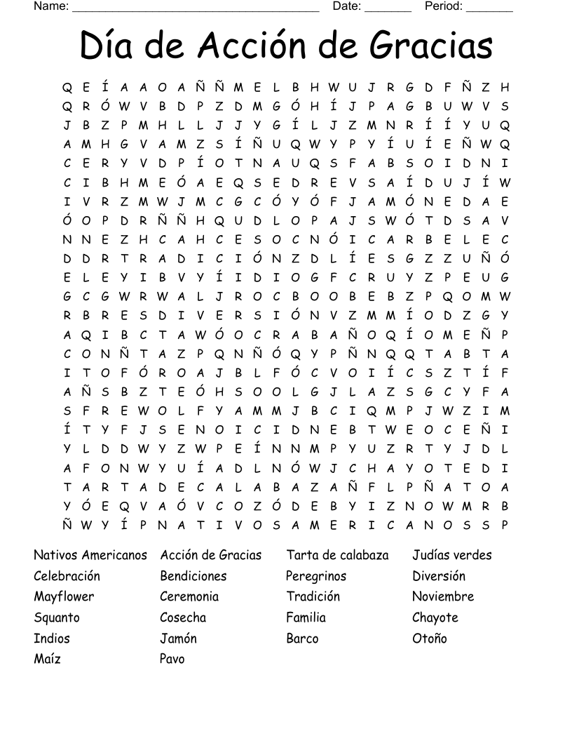 El Dia De Accion De Gracias Word Search WordMint