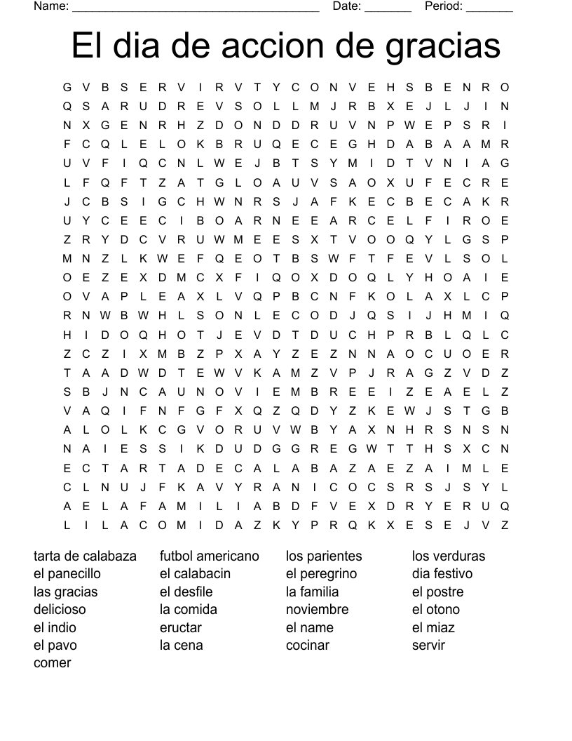 El Dia De Accion De Gracias Word Search WordMint
