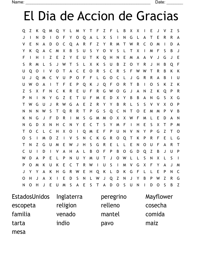 El Dia De Accion De Gracias Word Search WordMint