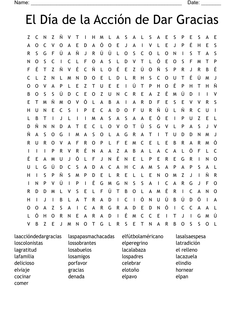 El Dia De Dar Gracias Word Search WordMint