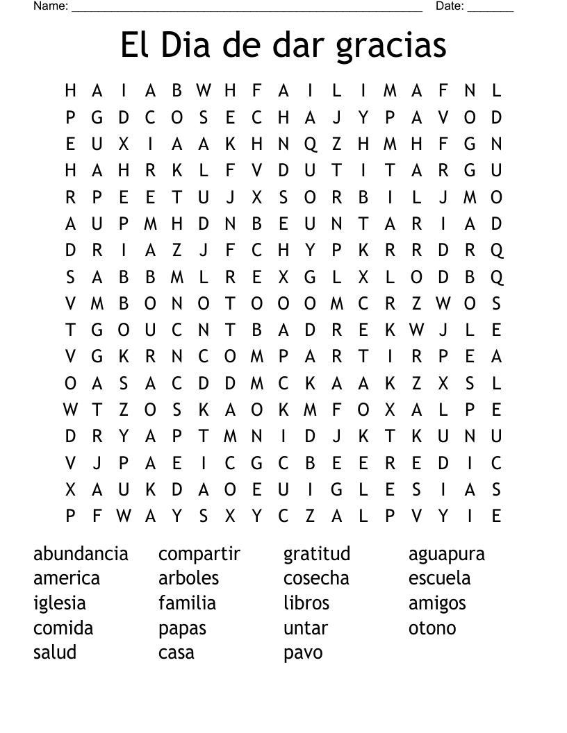 El Dia De Dar Gracias Word Search WordMint