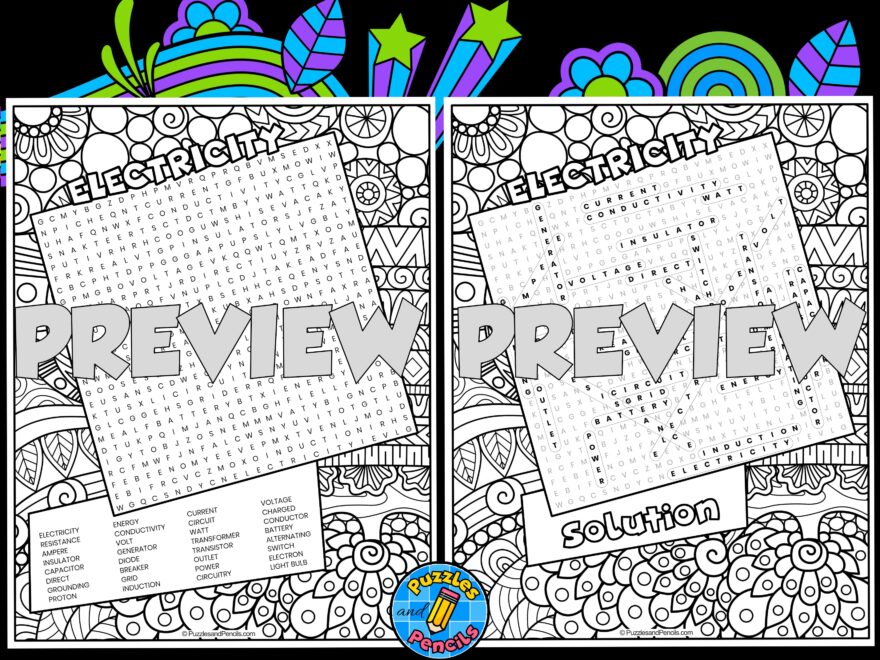 Electricity Word Search Puzzle Activity Page With Colouring Energy Teaching Resources