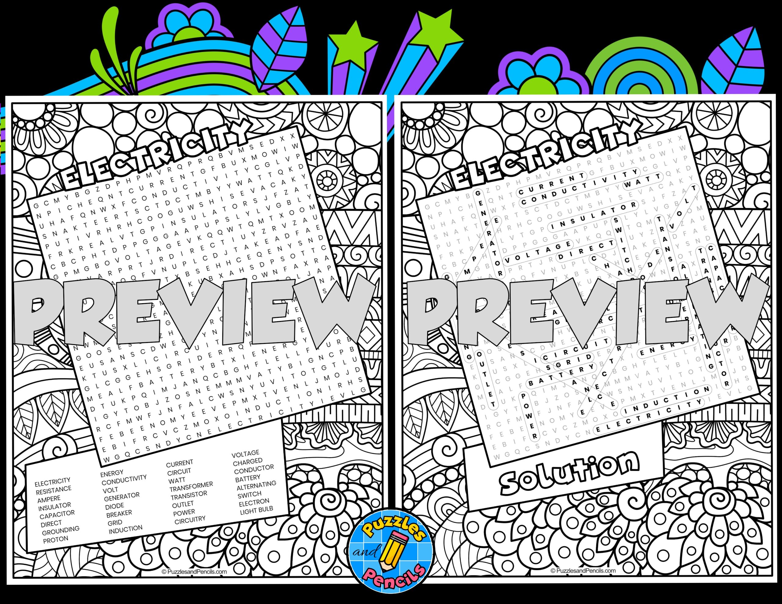 Electricity Word Search Puzzle Activity Page With Colouring Energy Teaching Resources