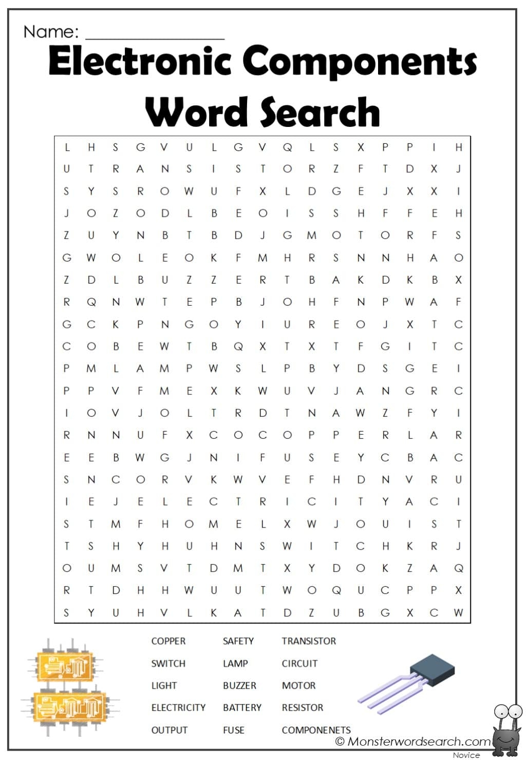 Electronic Components Word Search Monster Word Search