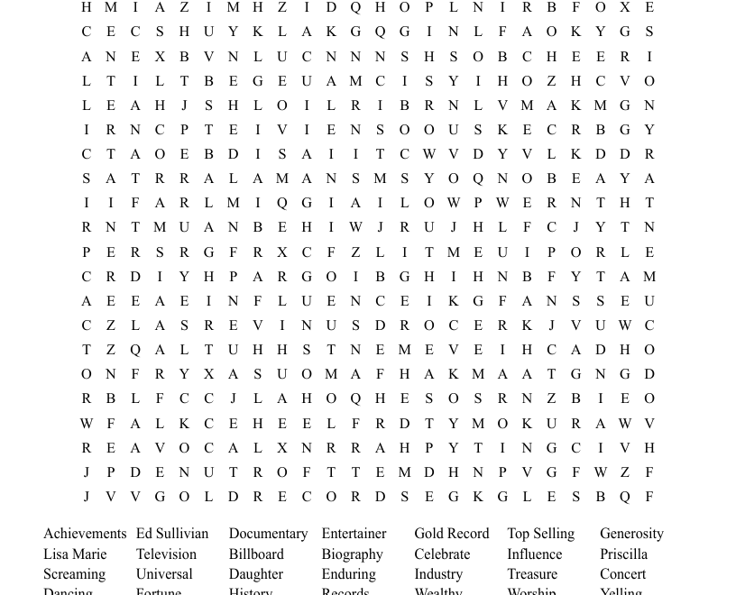 Elvis Presley Word Search WordMint