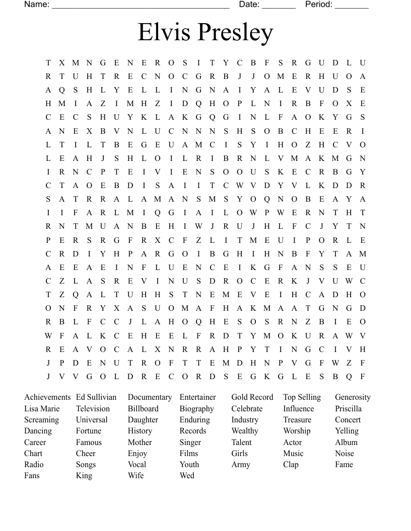 Elvis Presley Word Search WordMint