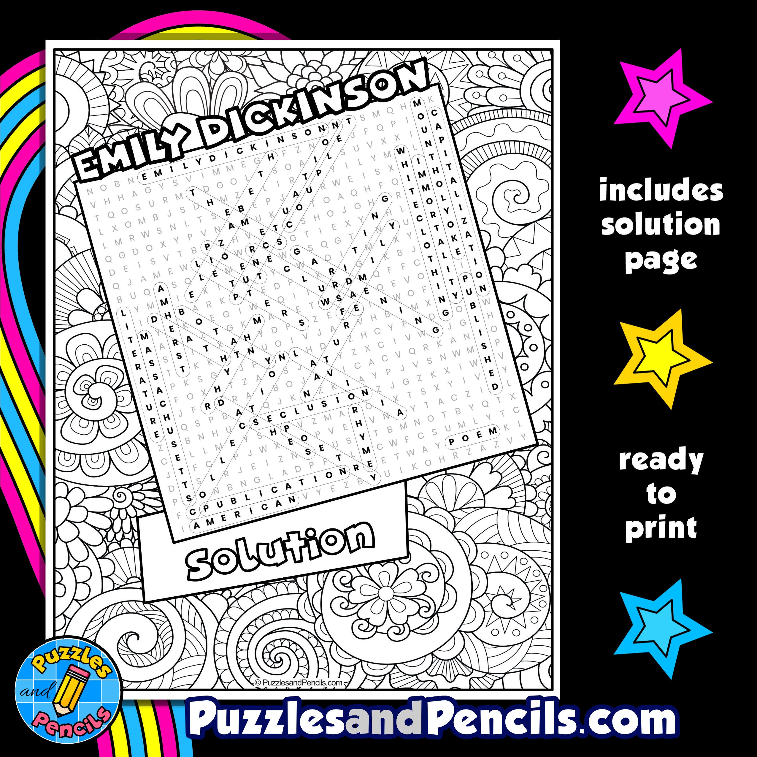 Emily Dickinson Word Search Puzzle Activity Page With Coloring Women s History Month Wordsearch Made By Teachers