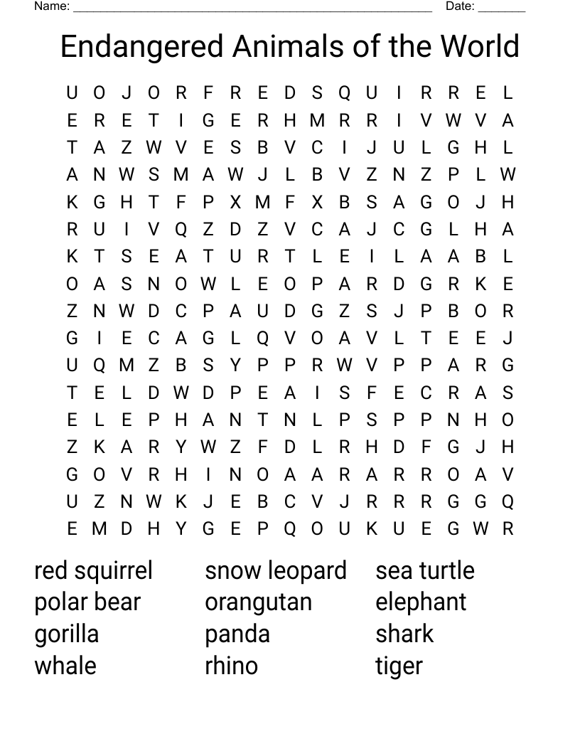 Endangered Animals Of The World Word Search WordMint