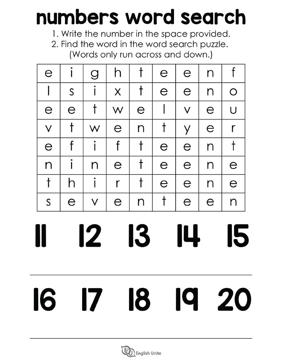 English Unite Numbers 11 20 Word Search Puzzle