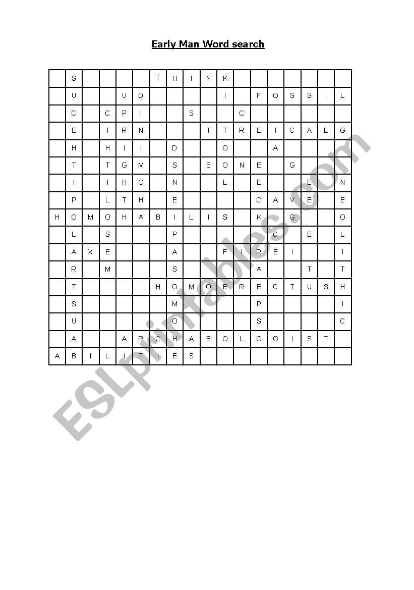English Worksheets Early Man Word Search