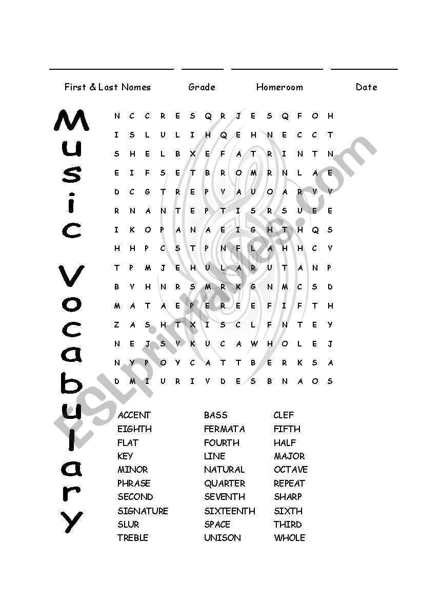 English Worksheets Music Vocabulary Word Search