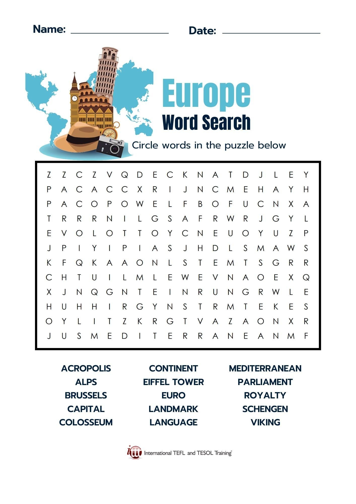 Europe Vocabulary EFL Word Search ITTT