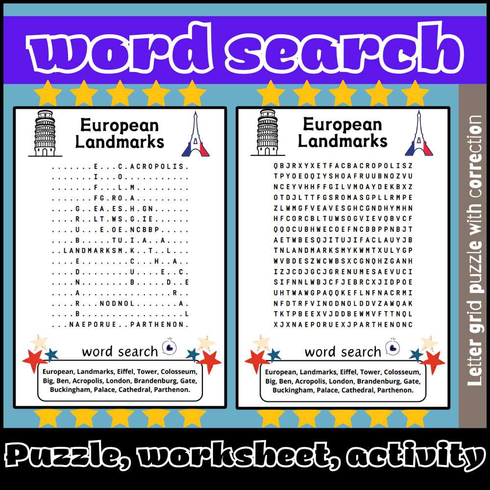 European Landmarks Word Search Puzzle Worksheet Activity Made By Teachers