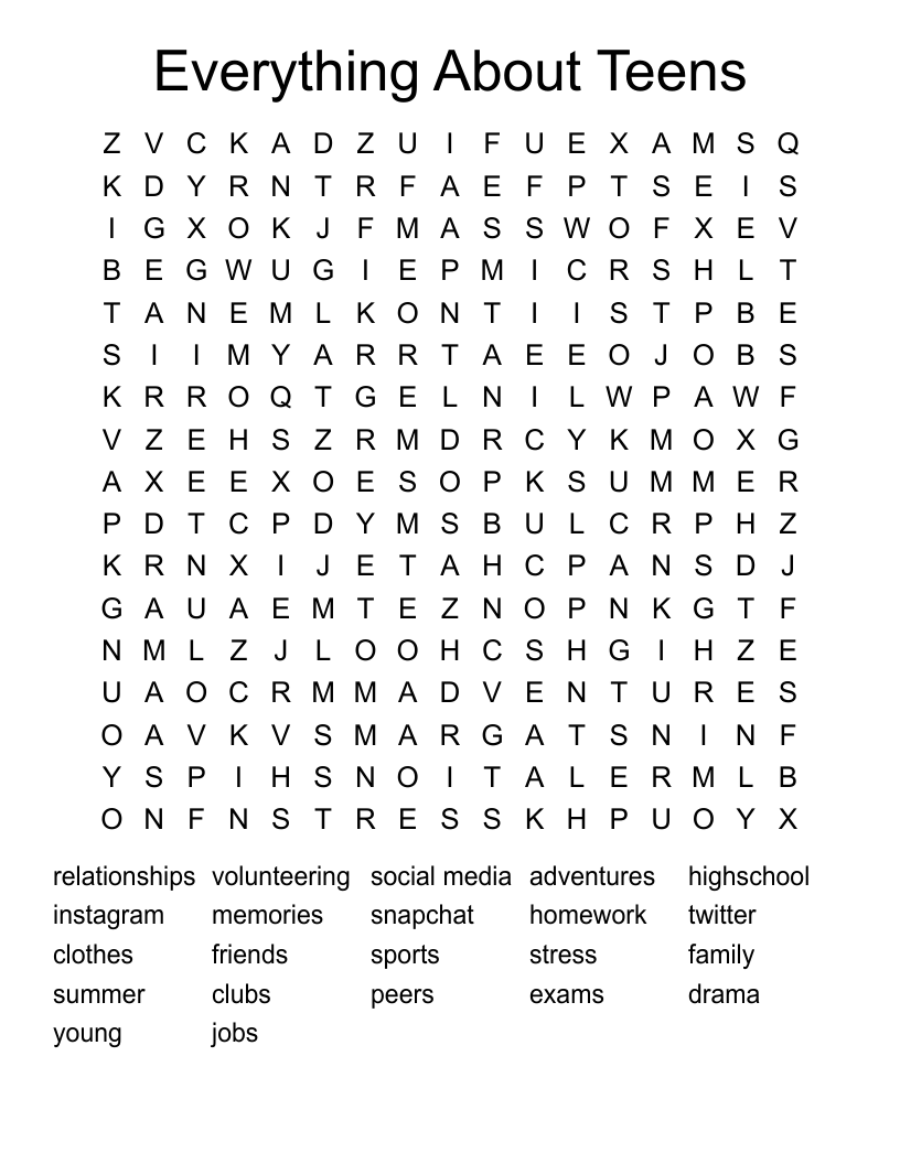 Everything About Teens Word Search WordMint