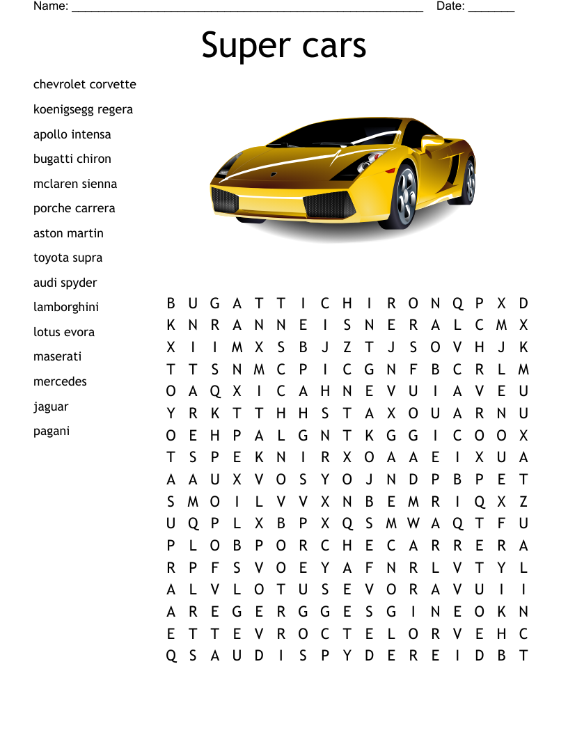 Exotic Car Word Search WordMint