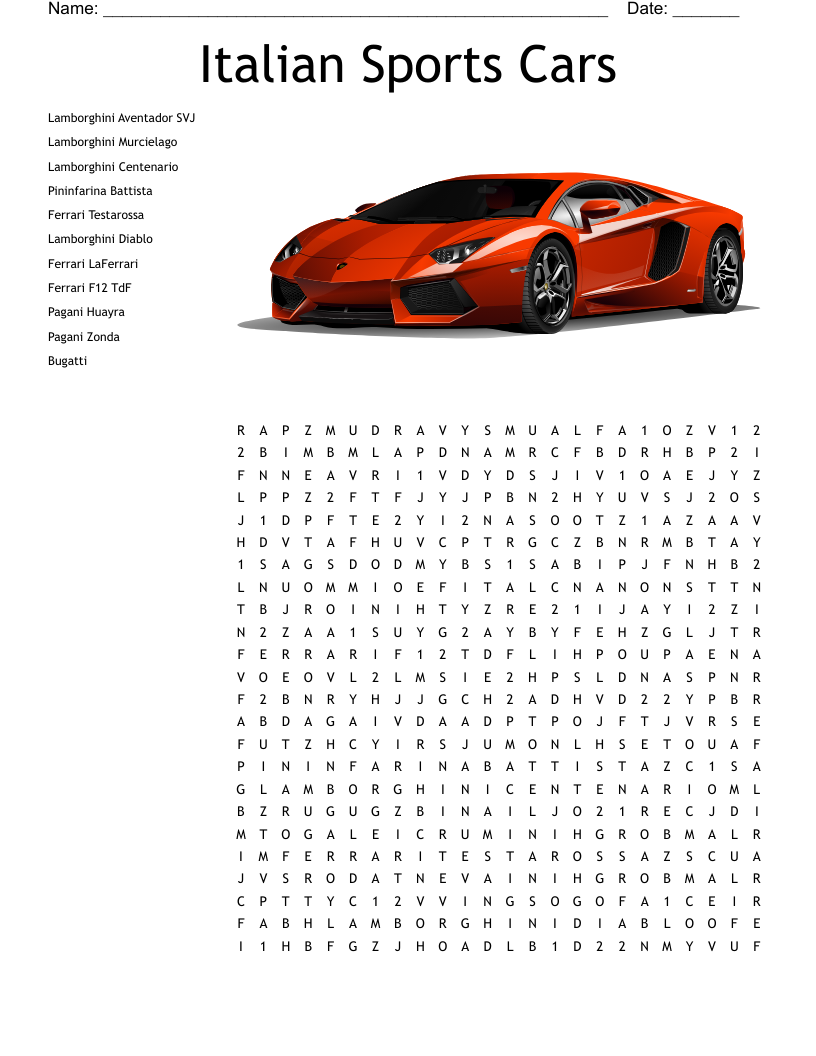 Exotic Car Word Search WordMint