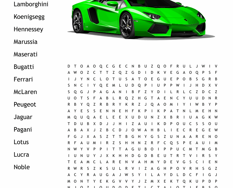 Exotic Car Word Search WordMint