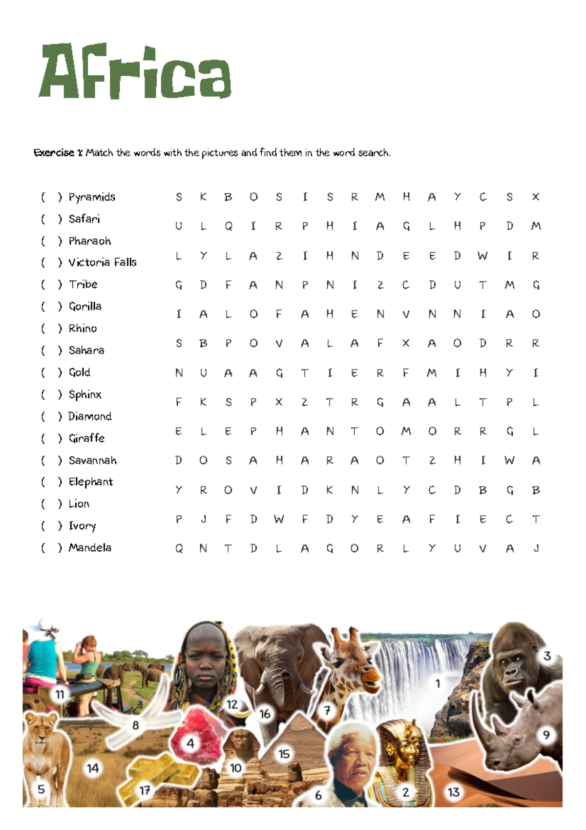 Faimon Roberts Africa Unit Exercise 1 Match The Words With The Pictures And Find Them In The Studocu