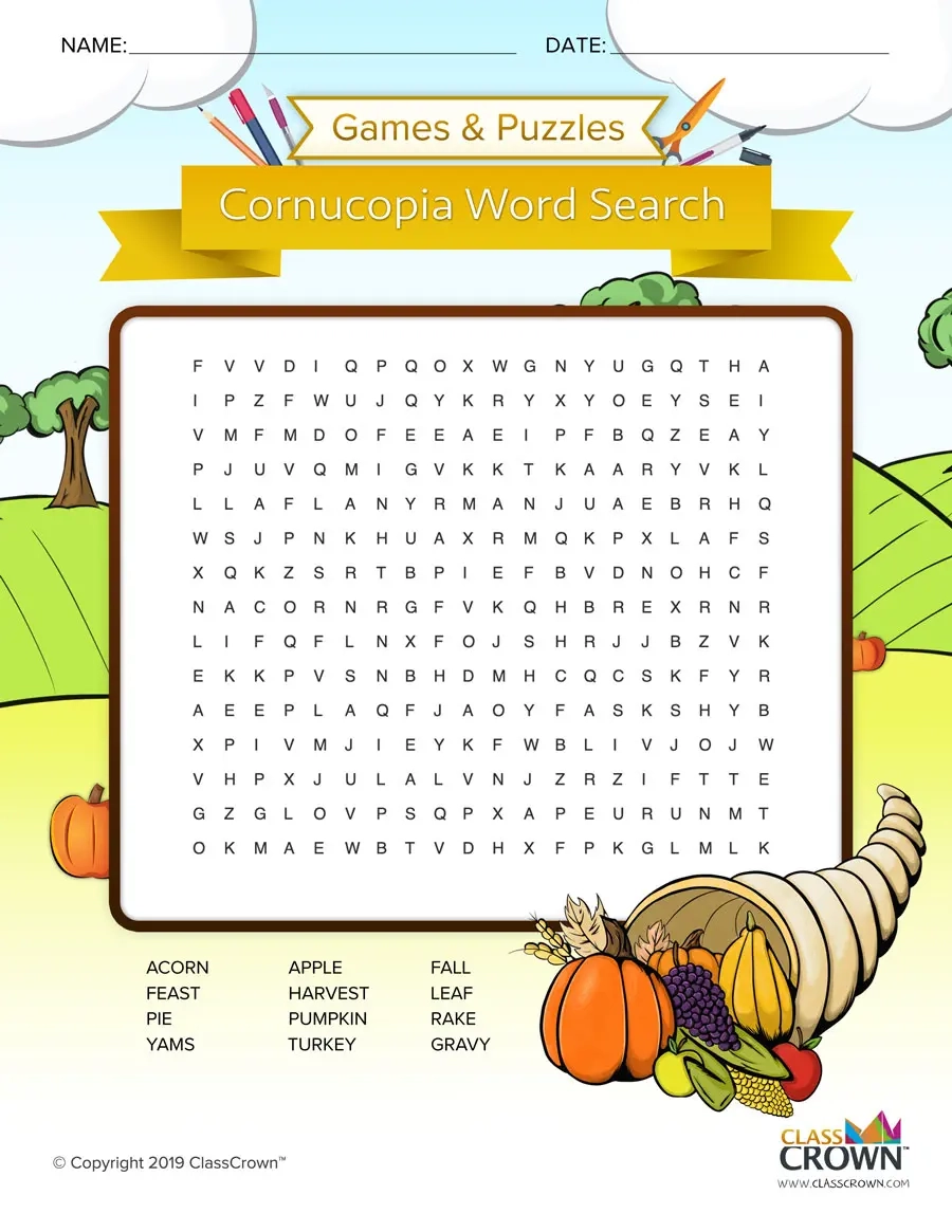 Fall Cornucopia Word Search Puzzles ClassCrown