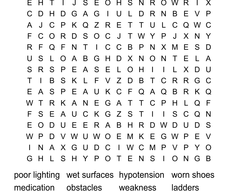 Falls Prevention Word Search WordMint