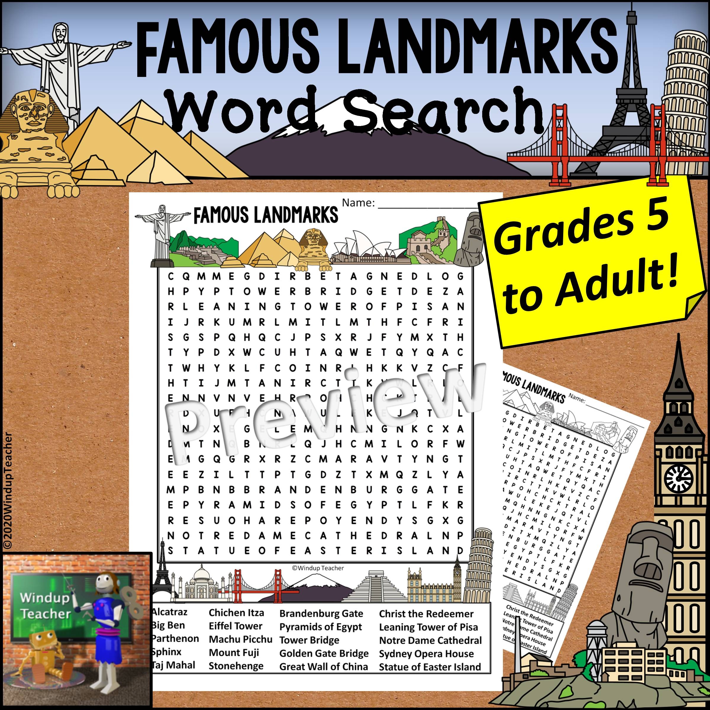Famous Landmarks Word Search Hard Grades 5 UP Made By Teachers