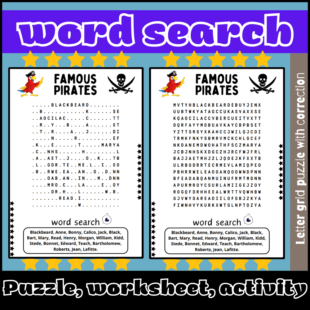 famous pirates word search puzzle worksheet activity made by teachers