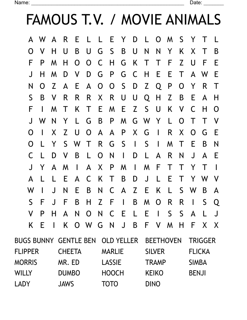 FAMOUS T V MOVIE ANIMALS Word Search WordMint