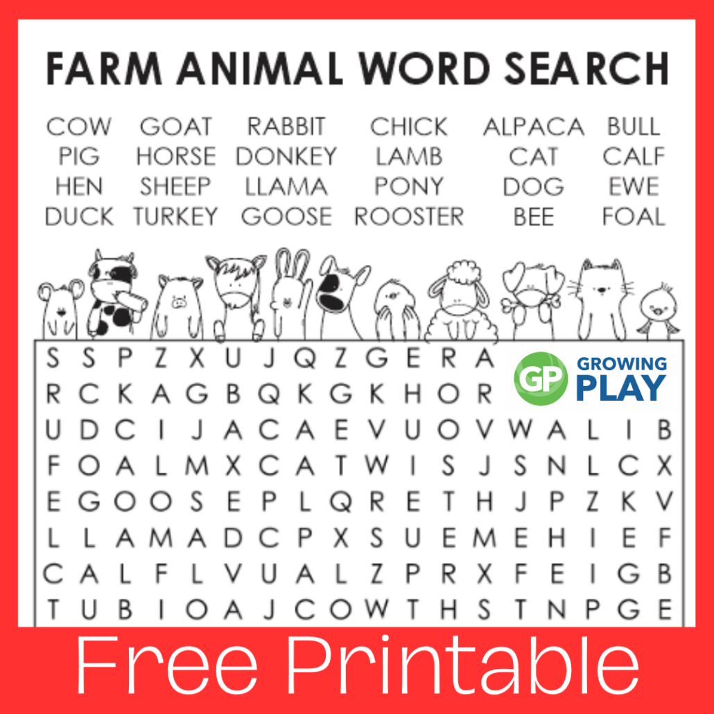 Farm Animal Word Search Printable PDF Free Growing Play