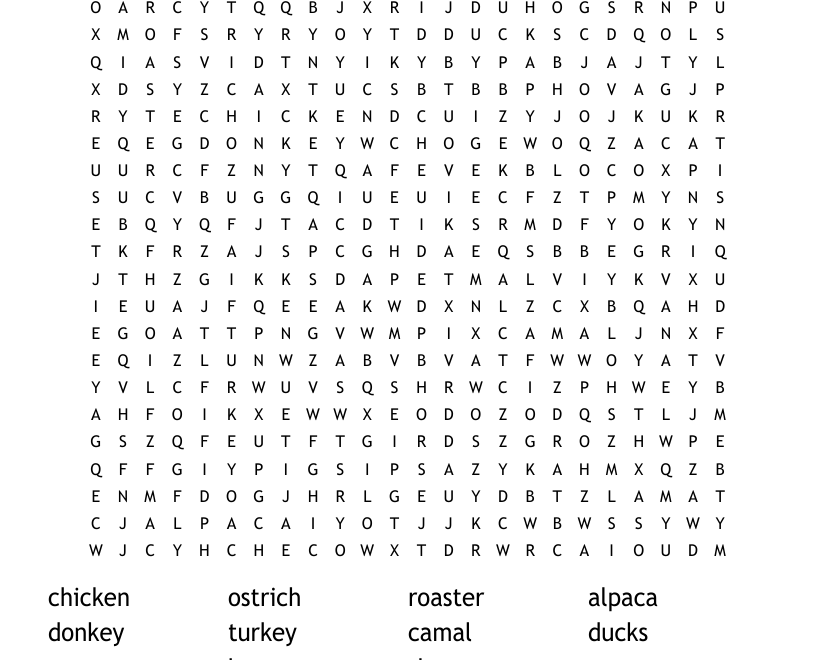 FARM ANIMALS Word Search WordMint